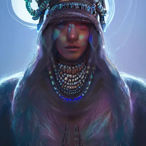 Image similar to detailed portrait of a futuristic sci - fi shaman in an impressive scene. extremely detailed. beautiful lighting. concept art. trending on artstation.