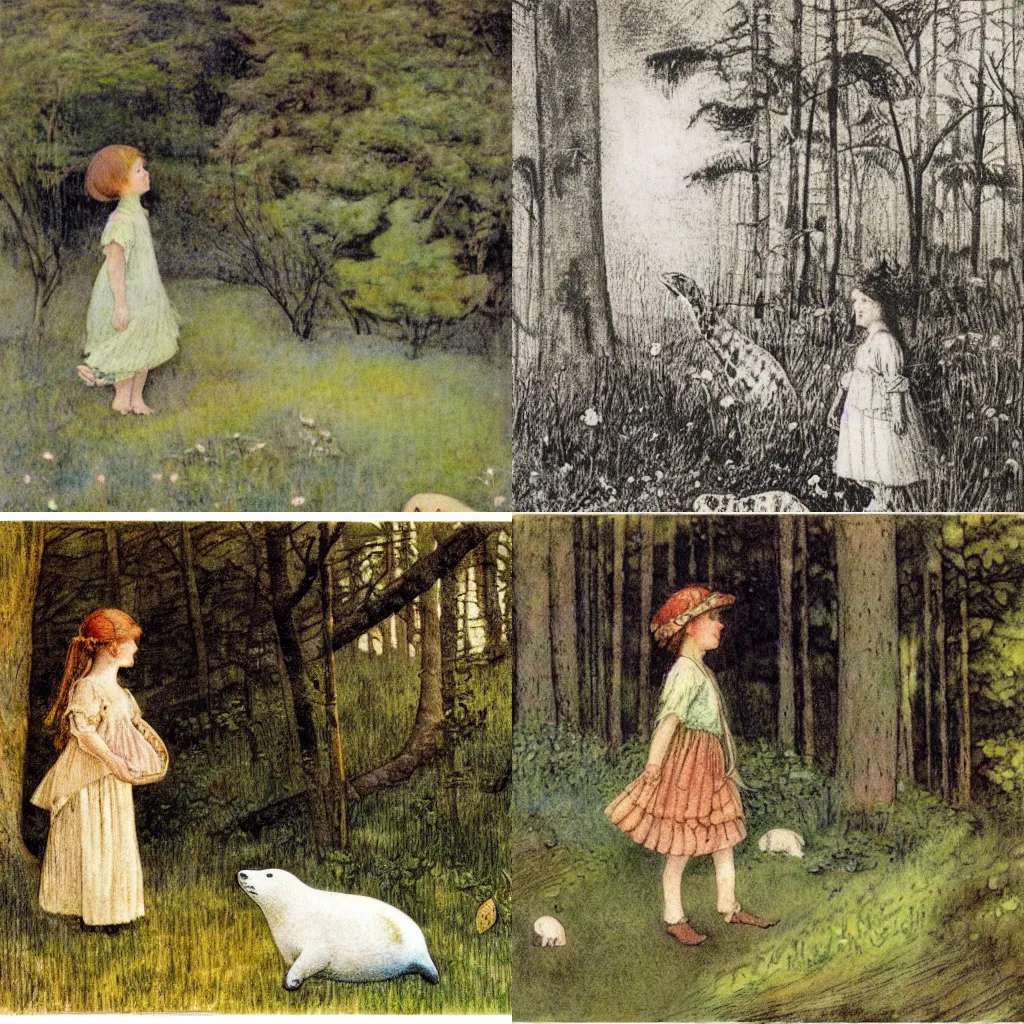 Prompt: an illustration of a little girl and a white seal wandering the Mesozoic Era in the style of Jessie Wilcox Smith, green flora forest, prehistory, nature, 1908