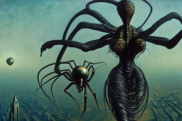 Image similar to realistic detailed portrait movie shot of a beautiful black woman riding a giant spider, dystopian city landscape background by denis villeneuve, amano, yves tanguy, alphonse mucha, max ernst, ernst haeckel, kehinde wiley, caravaggio, jean delville, david lynch, roger dean, cyber necklace, rich moody colours, sci fi patterns, dramatic, wide angle