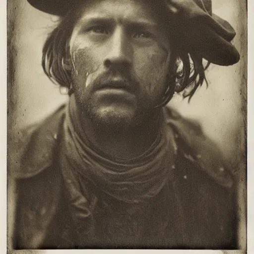 Prompt: A wet-collodion styled portrait of a disheveled solider coming back from battle looking defeated, staring straight into the camera. Depth of field, smoke, high contrast, extremely detailed.