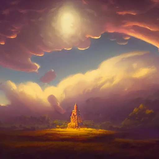 Prompt: a serene landscape of a magical fantasy tower by ross tran, rhads, tim hildebrandt, cinematic lighting, extremely detailed, concept art, trending on artstation, behance hd, wide shot, clouds by phil koch