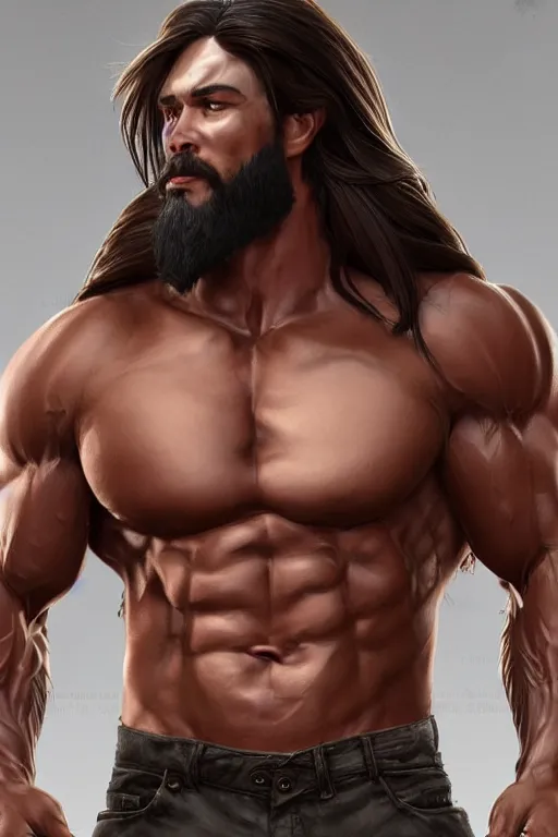 Prompt: a handsomely muscular man [ attaining long brown hair ]!!, portrait!!, zbrush!!, photorealistic facial features, 3 d modeling, posing!!, illustration, digital illustration, trending on cgsociety, [ conceptual art ]!!, [ rigidly defined abs ]!!, painted by greg rutkowski and gaston bussiere