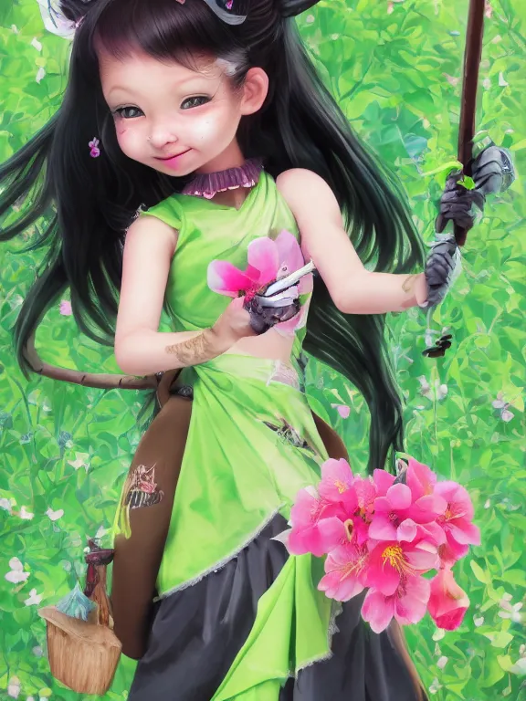 Image similar to Full shot of a cute mischievous young spring witch about to get up to some trouble with her playful bat familiar. Latin American fashion. Floral patterns. cherry blossoms. Bats. Black and Pink and Lime Green palette. Magic. Latina girl. brown skin. defined facial features, symmetrical facial features. Smiling. By Ruan Jia and Artgerm and Range Murata and WLOP and Ross Tran and William-Adolphe Bouguereau. Key Art. Fantasy Illustration. award winning, Artstation, intricate details, realistic, Hyperdetailed, 8k resolution.