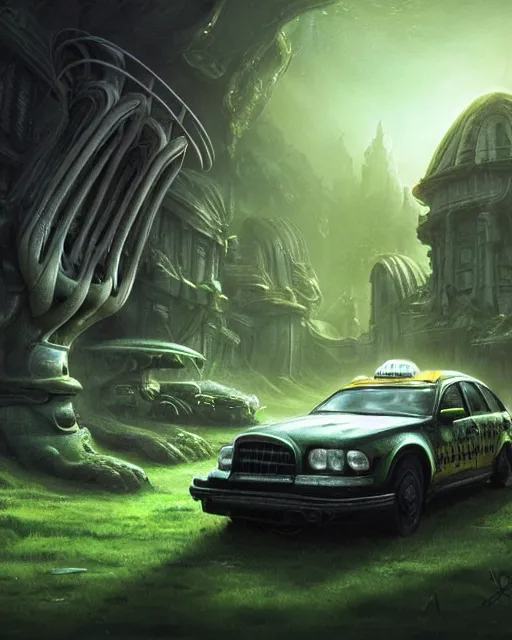 Image similar to xenomorph taxi car in a fantasy village, calming, uplifting mood, ultra realistic, farm, small buildings, alien car, highly detailed, atmosphere, masterpiece, epic lighting, elves, green plants, magic, illuminated, 4 k, cinematic, morning sun, art by eddie mendoza, sylvain sarrailh