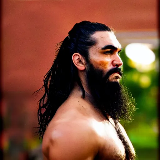 Prompt: portrait of khal drogo from games of thrones, mascular, symmetrical, nikon 3 5 mm photography, ultrarealistic