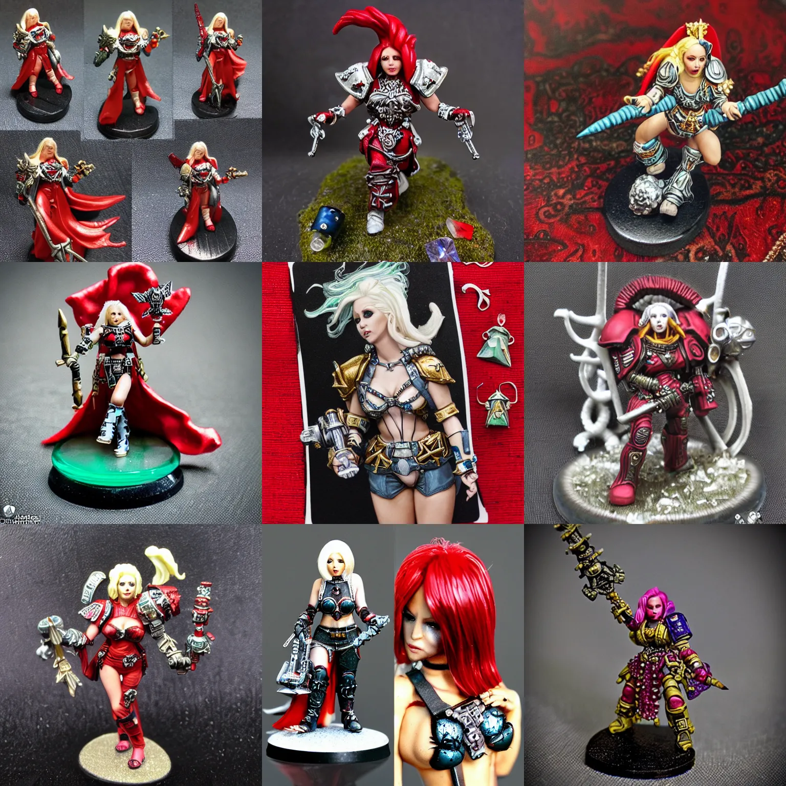 Prompt: photo of a resin miniature, warhammer 4 0 k, d & d, 2 8 mm heroic scale, christina aguilera come on over baby ( all i want is you ), platinum blonde with red streaks, handkerchief halter top and bell bottoms, white pleather, swarovski crystal flourish appliques. macro photography, dslr. citadel colour painted minis.