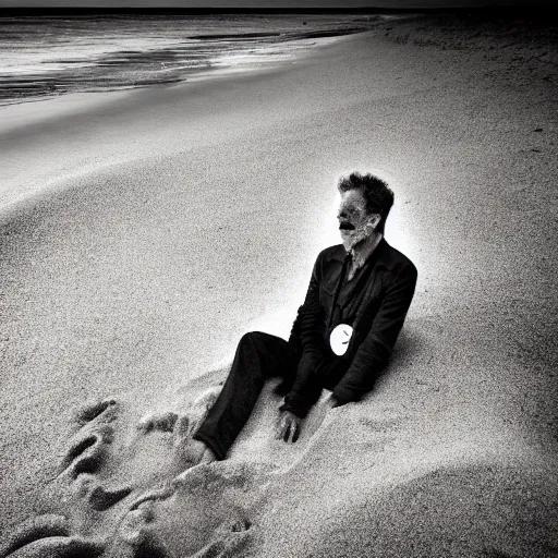 Image similar to tom waits buried in the sand up to his head with the tide approaching quickly, gorgeous image, professional photograph, great lighting, 4 k
