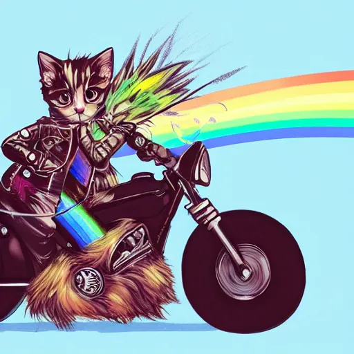 Image similar to wide angle full body, jacket wearing fluffy cute rainbow kitten wearing a black leather motorcycle jacket, riding on a motorcycle, cinematic concept art