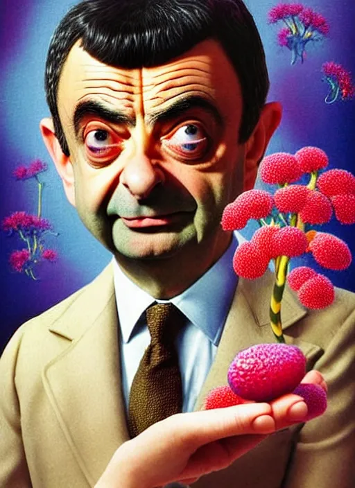 Image similar to hyper detailed 3d render like a Oil painting - silly portrait of Rowan Atkinson as Mr. Bean in Aurora seen Eating of the Strangling network of yellowcake aerochrome and milky Fruit and Her delicate Hands hold of gossamer polyp blossoms bring iridescent fungal flowers whose spores black the foolish stars by Jacek Yerka, Mariusz Lewandowski, Houdini algorithmic generative render, Abstract brush strokes, Masterpiece, Edward Hopper and James Gilleard, Zdzislaw Beksinski, Nicoletta Ceccoli, Wolfgang Lettl, hints of Yayoi Kasuma, octane render, 8k