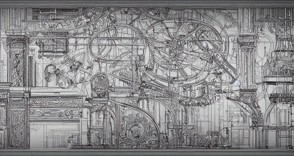 Image similar to extremely technical and detailed blueprint with precise technical details and complex diagrams. engineering diagrams, center frame, intricate details, ultra-detailed, baroque style, illustration, desaturated, concept art