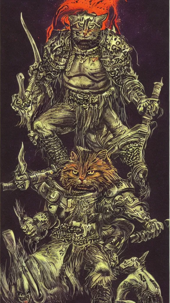 Image similar to 1 9 8 0 s heavy metal magazine illustration of a warrior cat by ralph bakshi