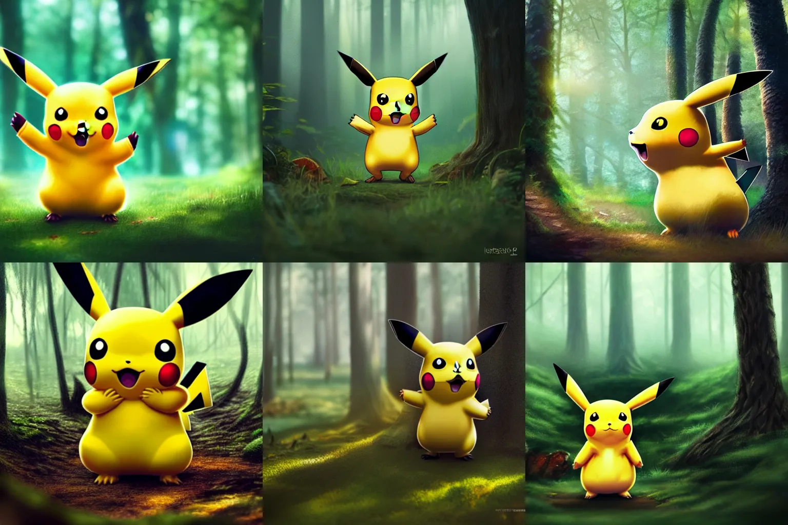 Prompt: A pikachu in a forest, highly detailed, digital painting, artstation, concept art, smooth, sharp focus, illustration, tone mapping, octane render