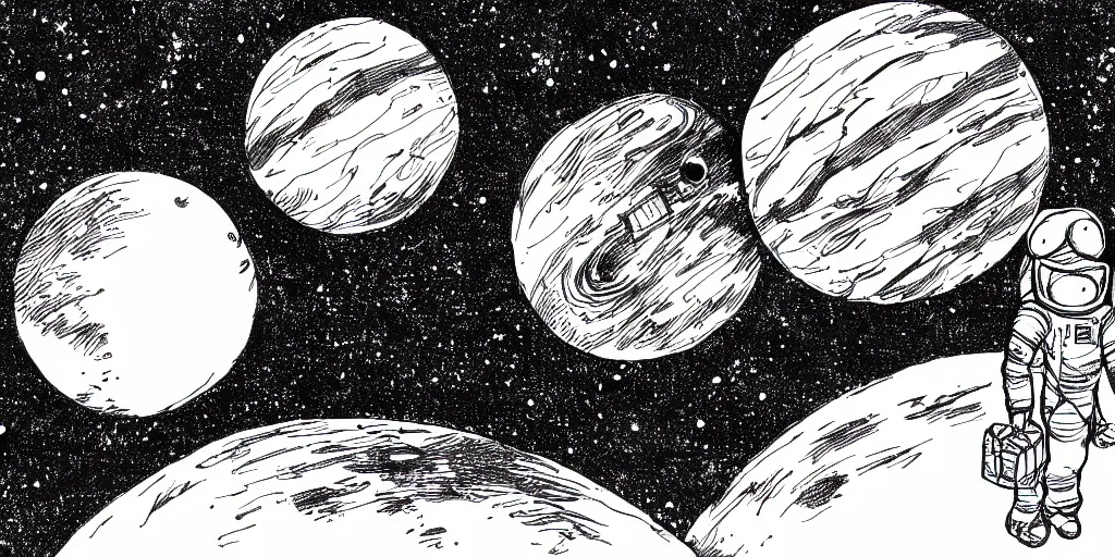 Image similar to ink lineart drawing of a planet, looming over an astronaut's shoulder, wide angle, space background, artstation, etchings by goya, chinese brush pen, illustration, high contrast, deep black tones contour