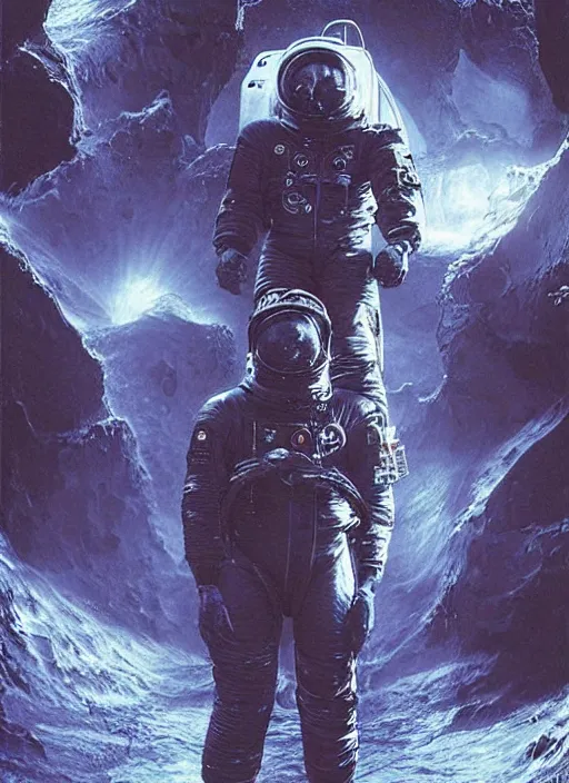 Image similar to astronauts in dark void underwater - complex and hyperdetailed technical suit. reflection and dispersion materials. rays and dispersion of light. volumetric light. f / 3 2. noise film photo. flash photography. ultra realistic, wide angle. poster by wayne barlowe, hajime sorayama aaron horkey, craig mullins