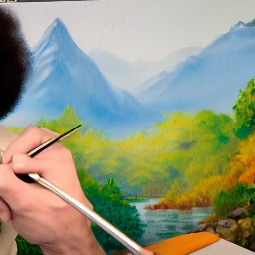 Image similar to a closeup photorealistic photograph of bob ross working on a canvas painting of aquaman. film still. brightly lit scene. mountains and trees. this 4 k hd image is trending on artstation, featured on behance, well - rendered, extra crisp, features intricate detail, epic composition and the style of unreal engine.