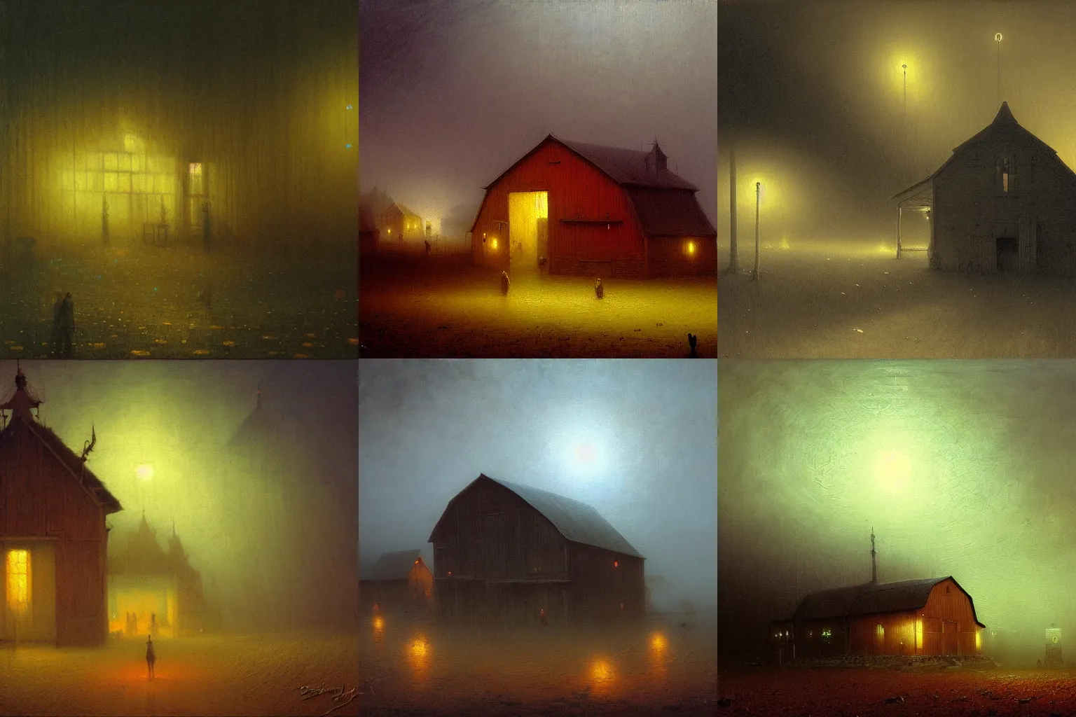 Prompt: detailed painting of a barn, filigree ornaments, volumetrics lights, beam of bright lights through the fog, beksinski, andreas achenbach