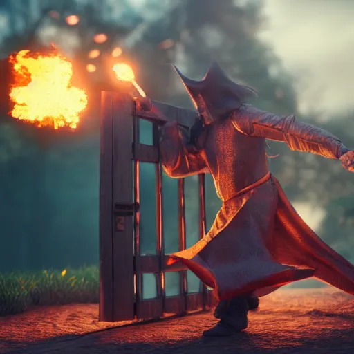 Image similar to A wizard launching a fireball at a wooden gate, 4k, highly detailed, octane render