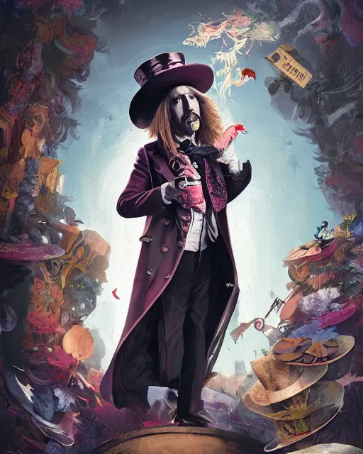 Image similar to tom petty as the mad hatter, contrast, kim jung gi, greg rutkowski, zabrocki, karlkka, jayison devadas, trending on artstation, 8 k, ultra wide angle, zenith view, pincushion lens effect