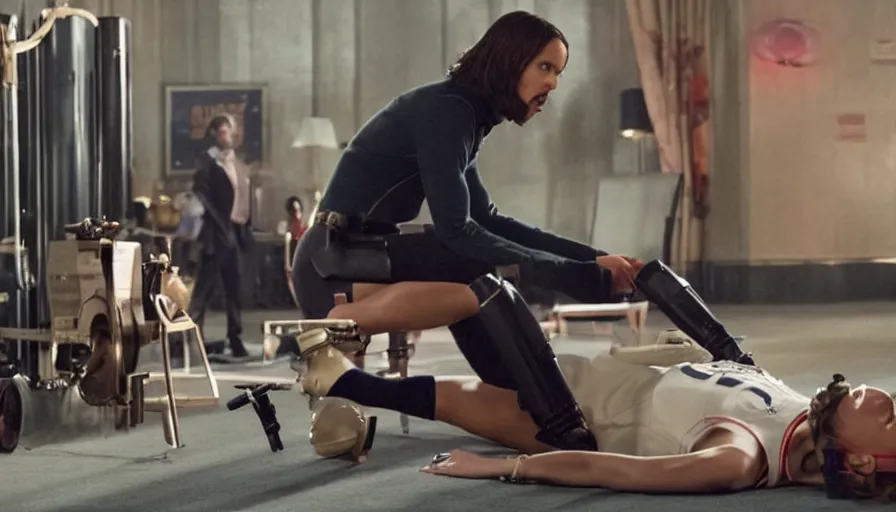 Prompt: Film Noir, John Wick, Inherent Vice, Olivia Pope, Olympics footage, female Sprinter athletes recovering from a race, tuning their mechanical legs with mechanics helping, intense moment, cinematic stillframe, dramatic lighting, The fifth element, vintage robotics, formula 1, starring Geena Davis