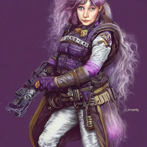 Image similar to portrait of a female halfling sorcerer by ayami kojima, she is about 2 0 years old, purple hair, leadership vibes, she is wearing a modern tactical gear, scifi, highly detailed portrait, digital painting, artstation, concept art, smooth, sharp foccus ilustration, artstation hq