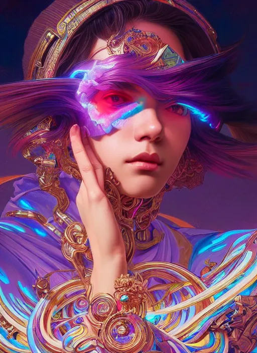 Prompt: hyper detailed ultra sharp of a beautiful sorcerer girl. trending on artstation, vaporwave aesthetic, synthwave, colorful, psychedelic, ornate, intricate, digital painting, concept art, smooth, sharp focus, illustration, art by artgerm and greg rutkowski and alphonse mucha, 8 k