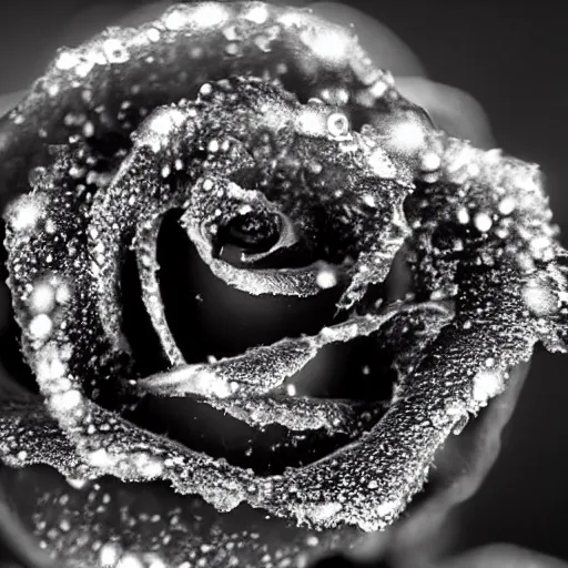 Image similar to award - winning macro of a beautiful black rose made of glowing molten magma