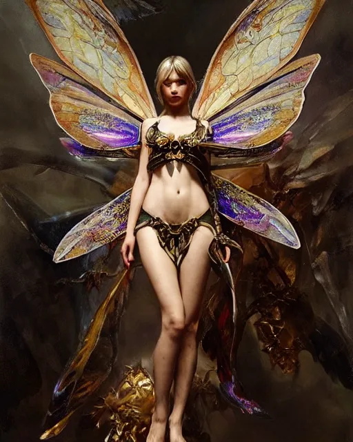 Prompt: Moth Fairy Maiden with large moth like wings wearing ornate dress by Ruan Jia and Andrei Riabovitchev, featured on Artstation, Hyperdetailed, stylized, realistic oil on linen, masterpiece, fantasycore, dark Academia