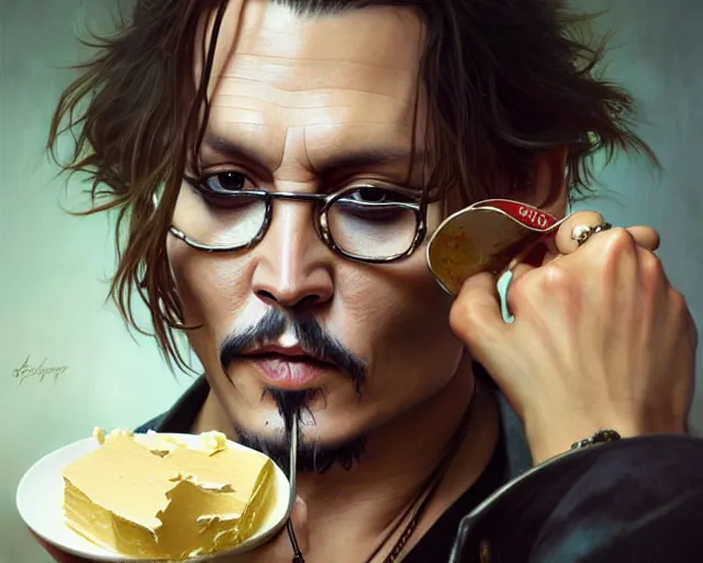 Prompt: photography of johnny depp eating butter, deep focus, intricate, elegant, highly detailed, digital painting, artstation, concept art, matte, sharp focus, illustration, art by artgerm and greg rutkowski and alphonse mucha