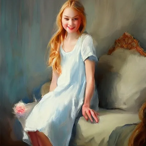 Image similar to Swedish girl in nightgown, painting by Vladimir Volegov,