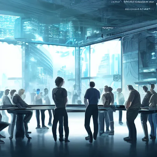 Prompt: large group people in a huge warehouse, gathered around a hologram of futuristic city on a table | cinematic concept art | godrays | 4 k | clear details | tabletop | tabletop