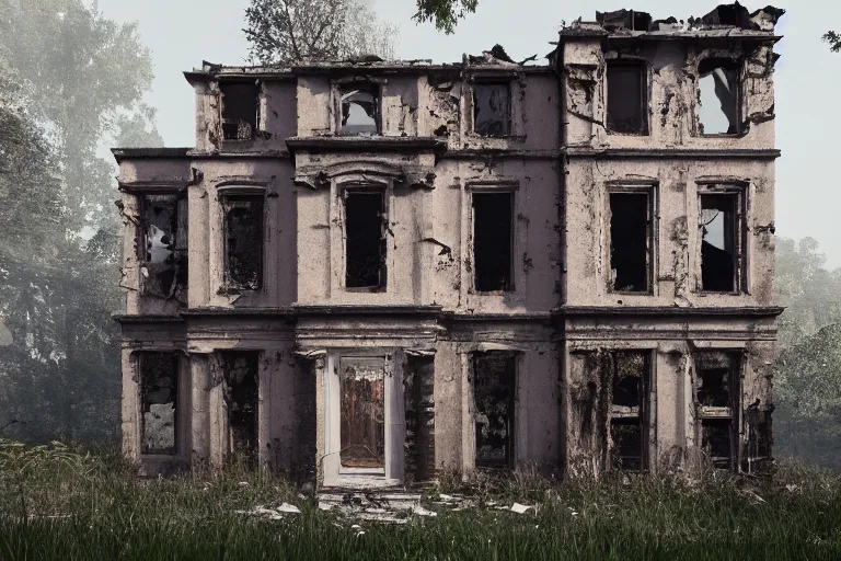 Prompt: ruined, abandoned polish mansion, seen from inside. Diffused light falls through the broken windows. Dirt, leaves on ground. Unreal Engine. Substance painter. Zbrush. Trending on artstation. 8K. Highly detailed.