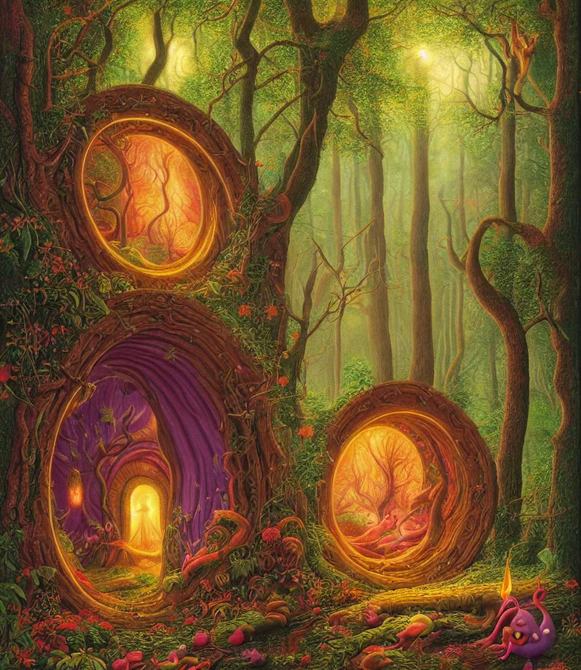 Prompt: a photorealistic highly detailed painting of a magic portal in the forest by johfra bosschart, lisa frank, ithell colquhoun, visionary art, dark fantasy art, high detail, trending on artstation