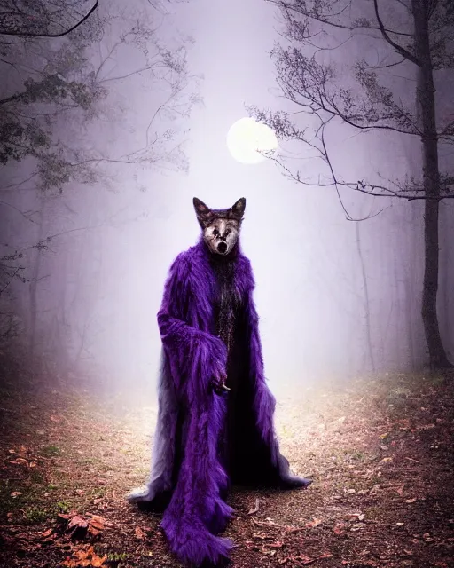 Prompt: Tall emaciated man wolf hybrid, covered in matted fur, he has yellow wolf eyes, a long bent rat like tail, long coyote like ears, and is Wearing a purple velvet cape and Top Hat, Atmospheric Full Moon, beautiful foggy Forrest, highly realistic, Rick Baker style, photoreal, photograph in the style of Annie Leibovitz, artstation