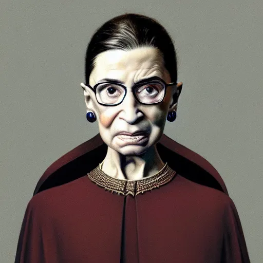 Image similar to a hyper - realistic character concept art portrait of ruth bader ginsburg young, depth of field background, artstation, award - winning realistic sci - fi concept art by jim burns and greg rutkowski, beksinski, a realism masterpiece, james gilleard, bruegel, alphonse mucha, and yoshitaka amano.