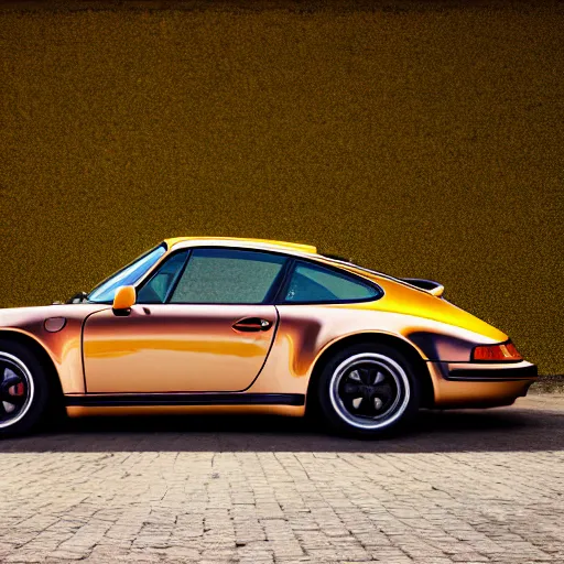 Image similar to Photo of a copper yellow Porsche 911 Carrera 3.2, daylight, dramatic lighting, award winning, highly detailed, fine art photography - 768