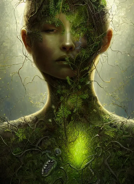 Image similar to Portrait of an Ancient Cyborg with a tree growing out of her head, moss, translucent leaves, extremly detailed digital painting, in the style of Tomasz Alen Kopera and Fenghua Zhong and Peter Mohrbacher, mystical colors, rim light, beautiful lighting, 8k, stunning scene, raytracing, octane, trending on artstation