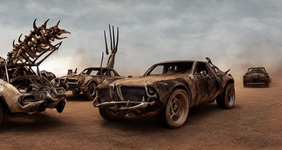 Image similar to mad max cars made out of bones, horns and shells, cinematic lighting,