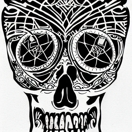 Image similar to tattoo design, stencil, tattoo stencil, traditional, a world famous tattoo of a geometric skull with a galaxy coming out of the top of its head-s 100