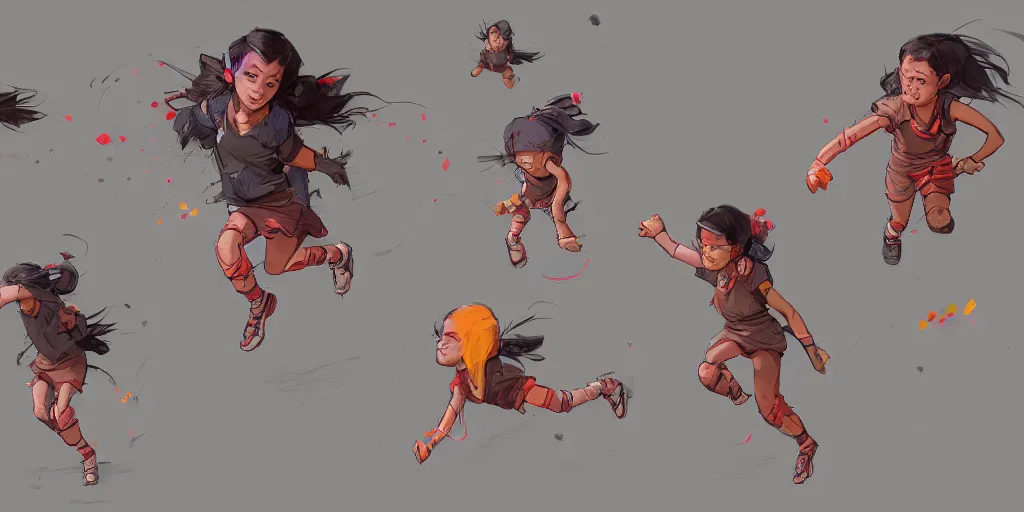 Image similar to cartoonish little girl running, vivid colors, character sheet, fine details, concept design, contrast, kim jung gi, greg rutkowski, trending on artstation, 8 k, full body, turnaround, front view, back view, ultra wide angle