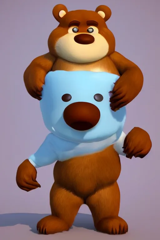 Image similar to a cute character design cgi 3 d anthropomorphic bear with soft fur and a face like yogi bear in the style of pixar, blender, cinema 4 d