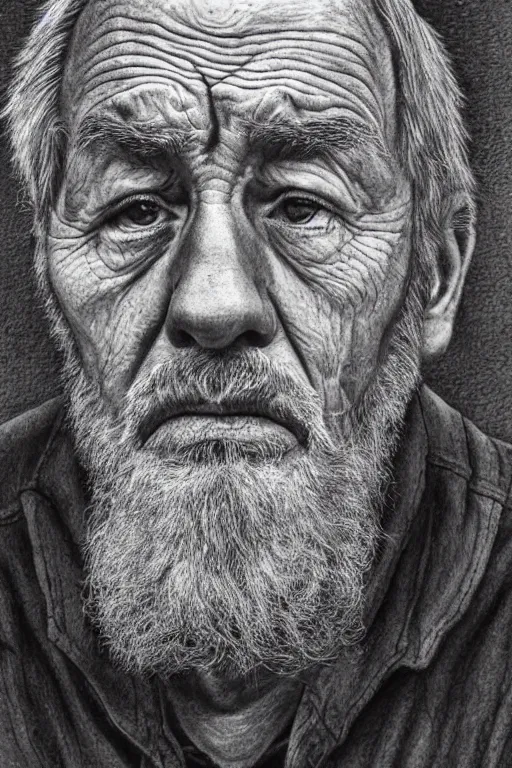 Prompt: a portrait of an old man with a solemn look and deep expression in his eyes, stippling ink drawing, highly detailed, strong lighting, cinematic, HD, 4K