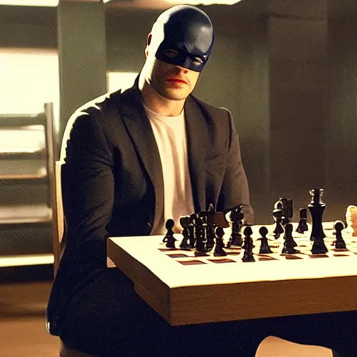Image similar to daredevil pondering in front of a chess table, marvel movie