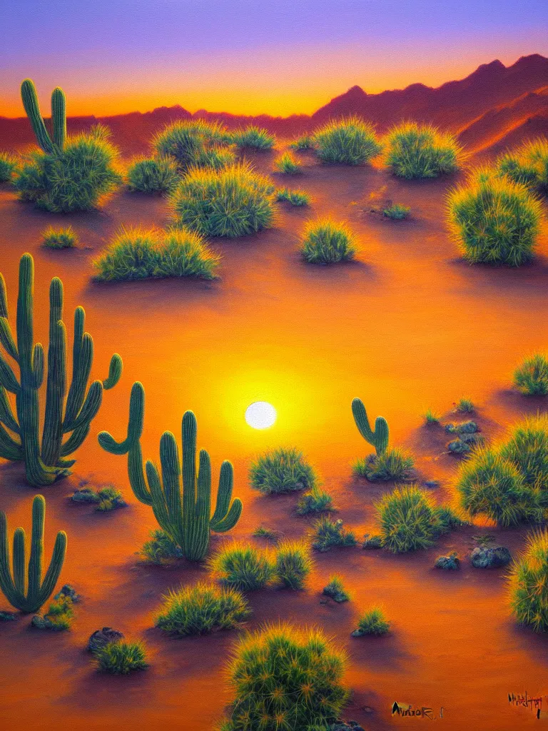 Image similar to beautiful oil painting of a desert with cactus plants rocks sunset by Mark Maggiori