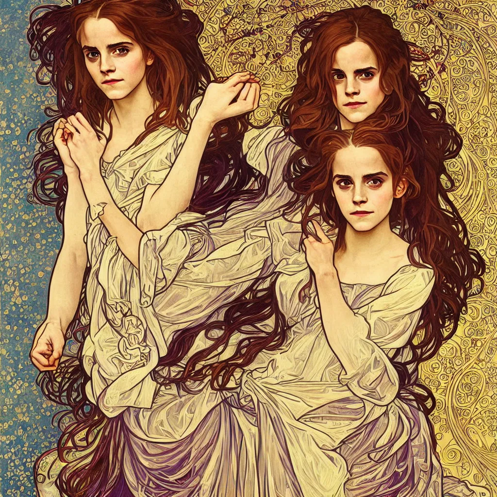 Prompt: Emma Watson as Hermione in Harry Potter made with a combination of the art styles of Alphonse Mucha and Gustav Klimt. Masterpiece. High Quality Details