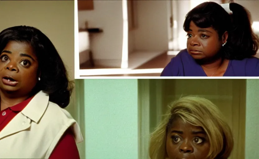 Image similar to cinematic shot from a 1 9 8 5 paranoid thriller, screenshot of octavia spencer removes a hearing device from her ear, in the near future, film directed by stanley kubrick, color theory, apartment design, leading lines, photorealistic, volumetric lighting