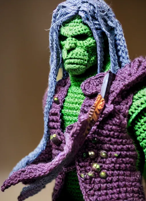 Image similar to crochet of drizzt do'urden, very detailed, complex, intricate, different colors, high quality, Sigma 50mm f/1.4