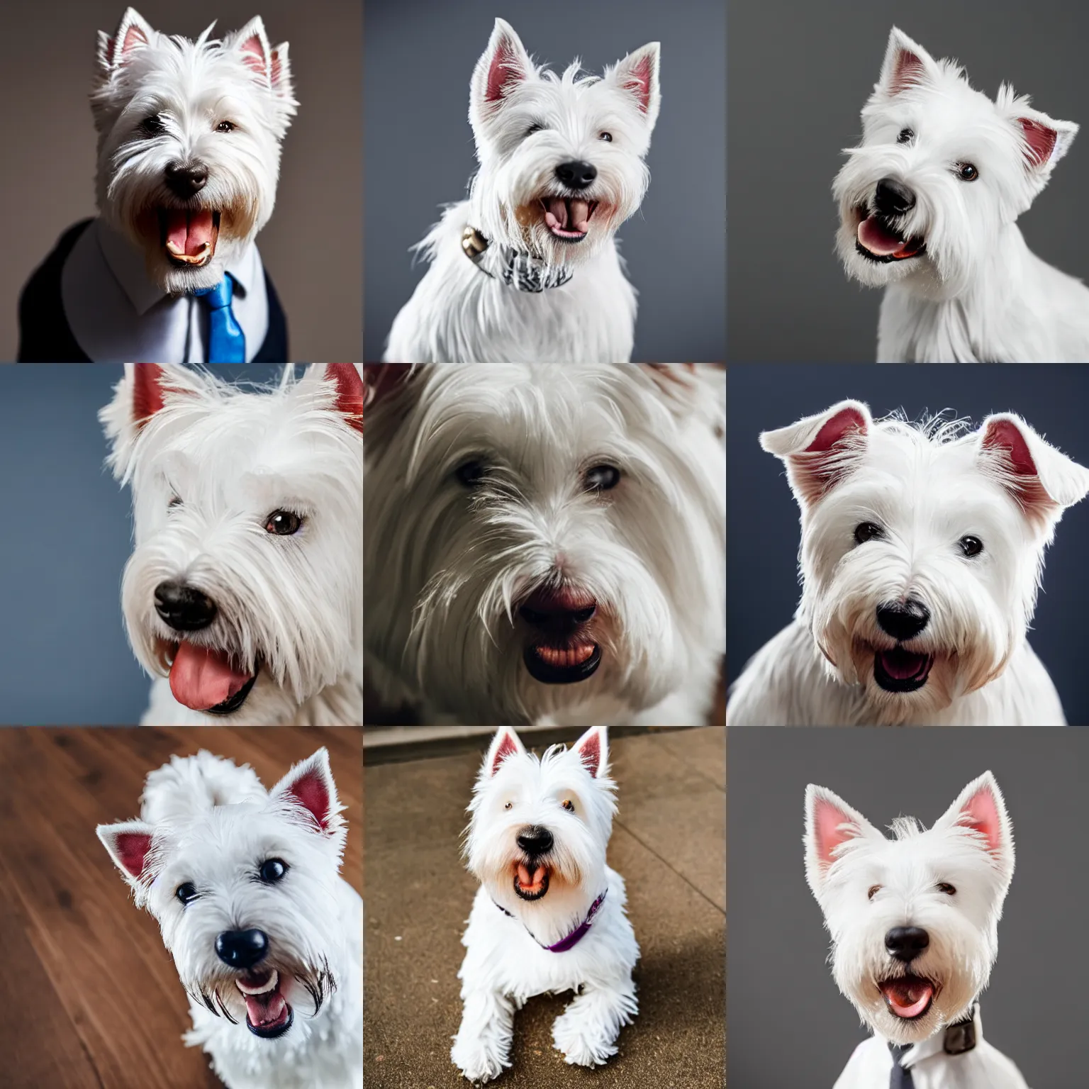 Prompt: a high detail shot of a west highland white terrier wearing a suit, smiling, tongue out, realism, 8k