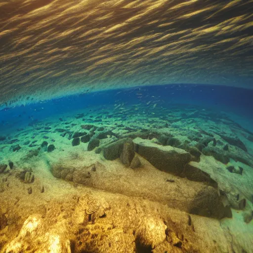 Image similar to underwater landscape view of Scottish Parliament, deep underwater, fish shoal, in style of Greg Rutkowki, dynamic lighting, 4k, very very very highly detailed, hyper realistic