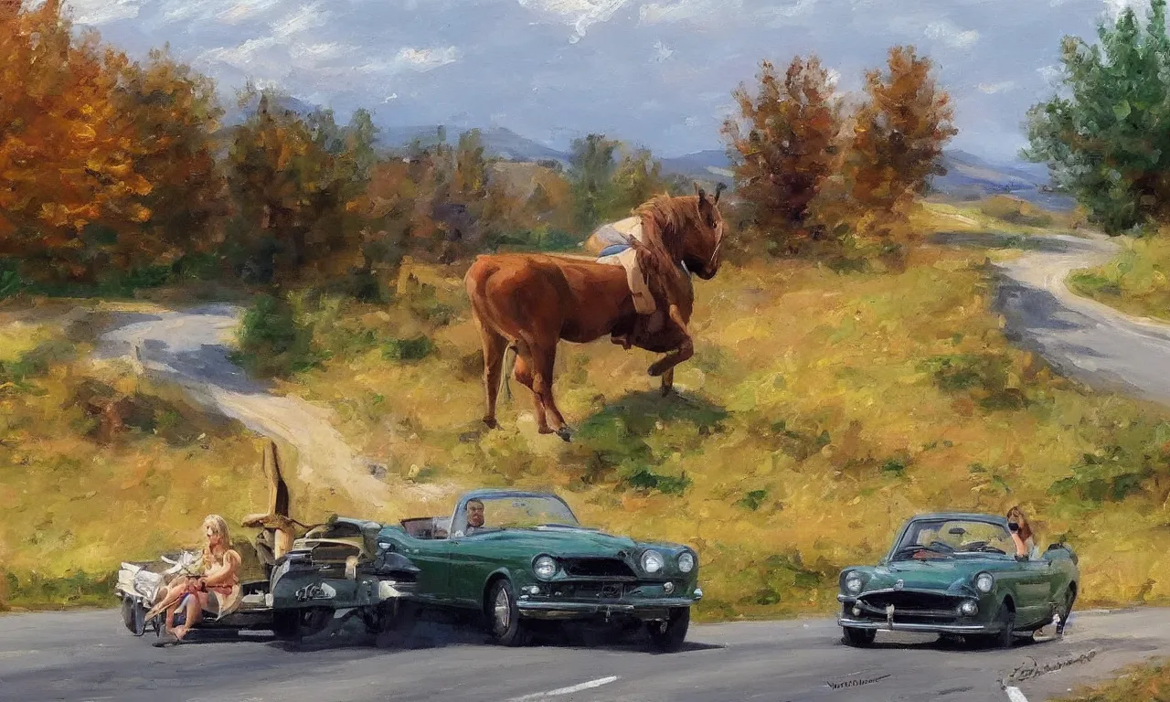 Image similar to 1950 blonde driving a mustang on a country road, moose, Swedish countryside, freedom, dawn, impressionism, realistic, painting by Vladimir Volegov, artstation, beautiful, masterpiece