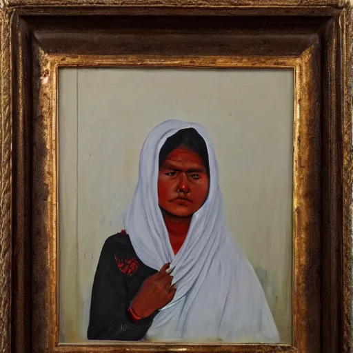 Prompt: a nepali woman wearing a white shawl, sad, bloody, oil painting